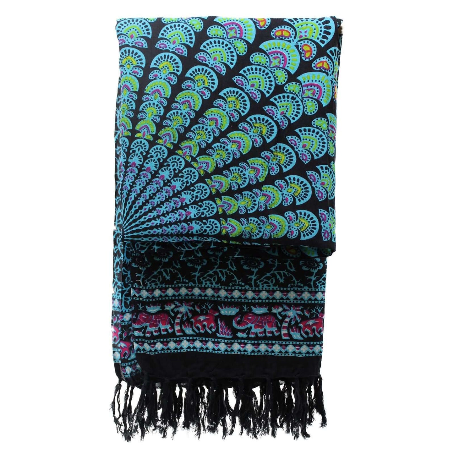 Peacock Classic Mandala Sarongs showcase vibrant peacock feather designs in blues and greens on a dark base.
