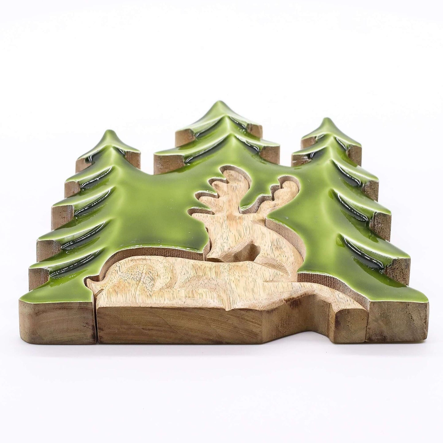 Lost in the Forrest 3D wooden stag among green trees, forest decoration, 23x20cm, handcrafted in India.