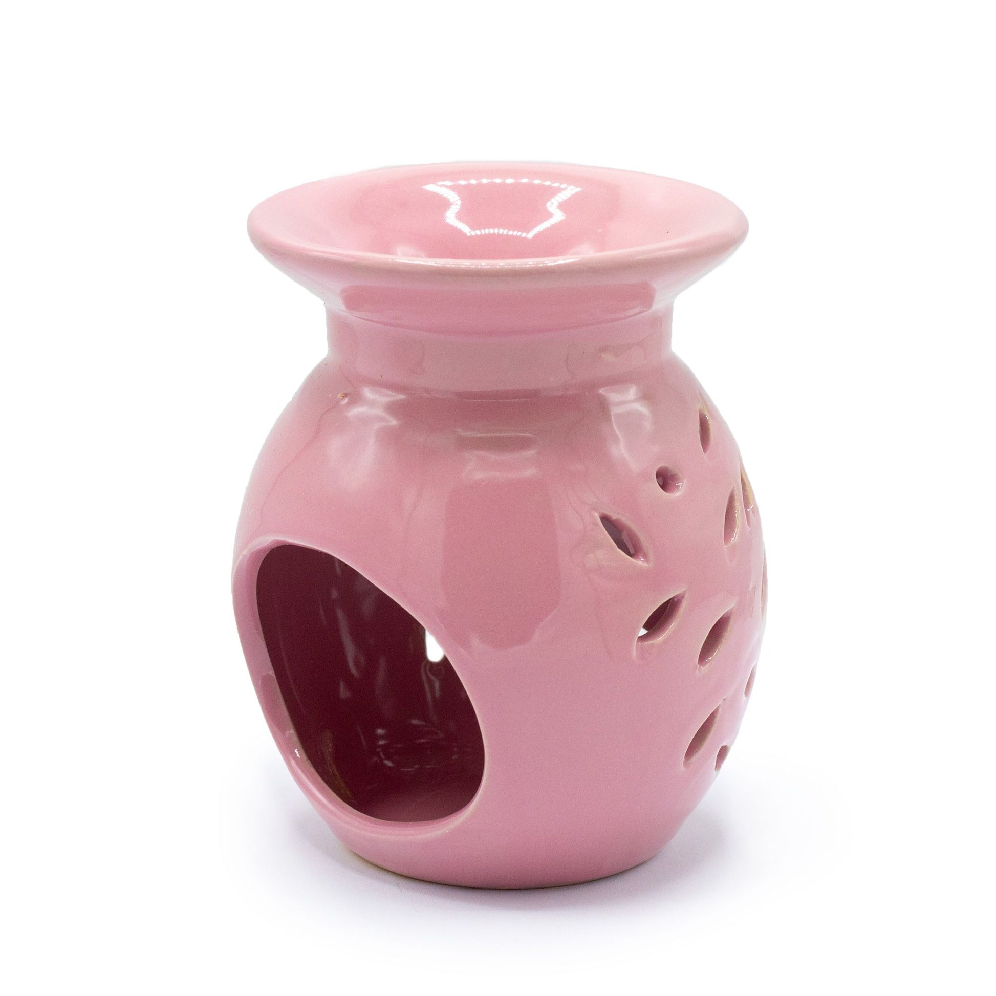 Floral Oil Burner - Rose pink ceramic aromatherapy burner with leaf cutouts and tea-light opening