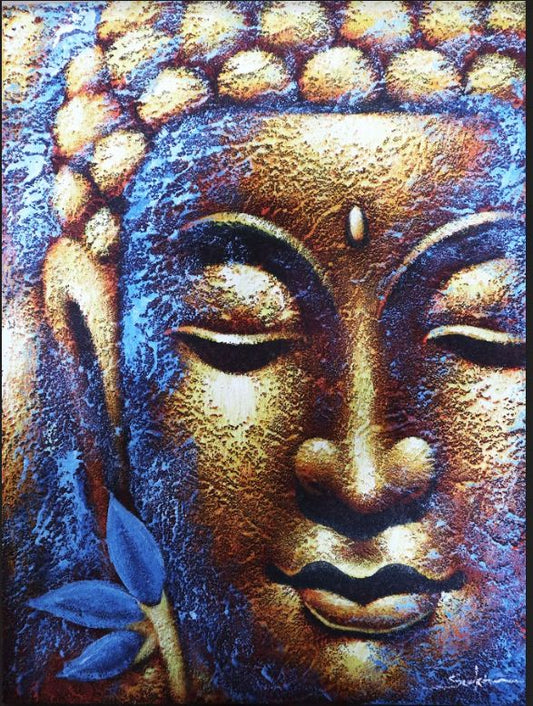 Buddha Painting - Gold Face close-up of a serene Balinese Buddha with blue textures and lotus leaf