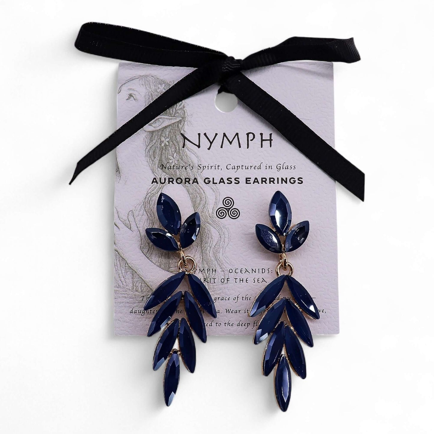 Royal Blue Vintage Glass Long Drop Earrings With Leaf Motif displayed on an elegant tag.