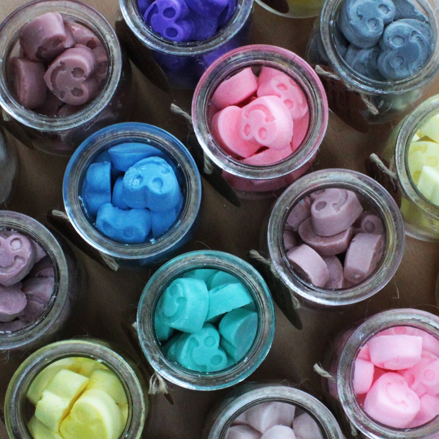 Assorted heart-shaped soywax melts in glass jars, Japanese Magnolia fragrance, 250g each.