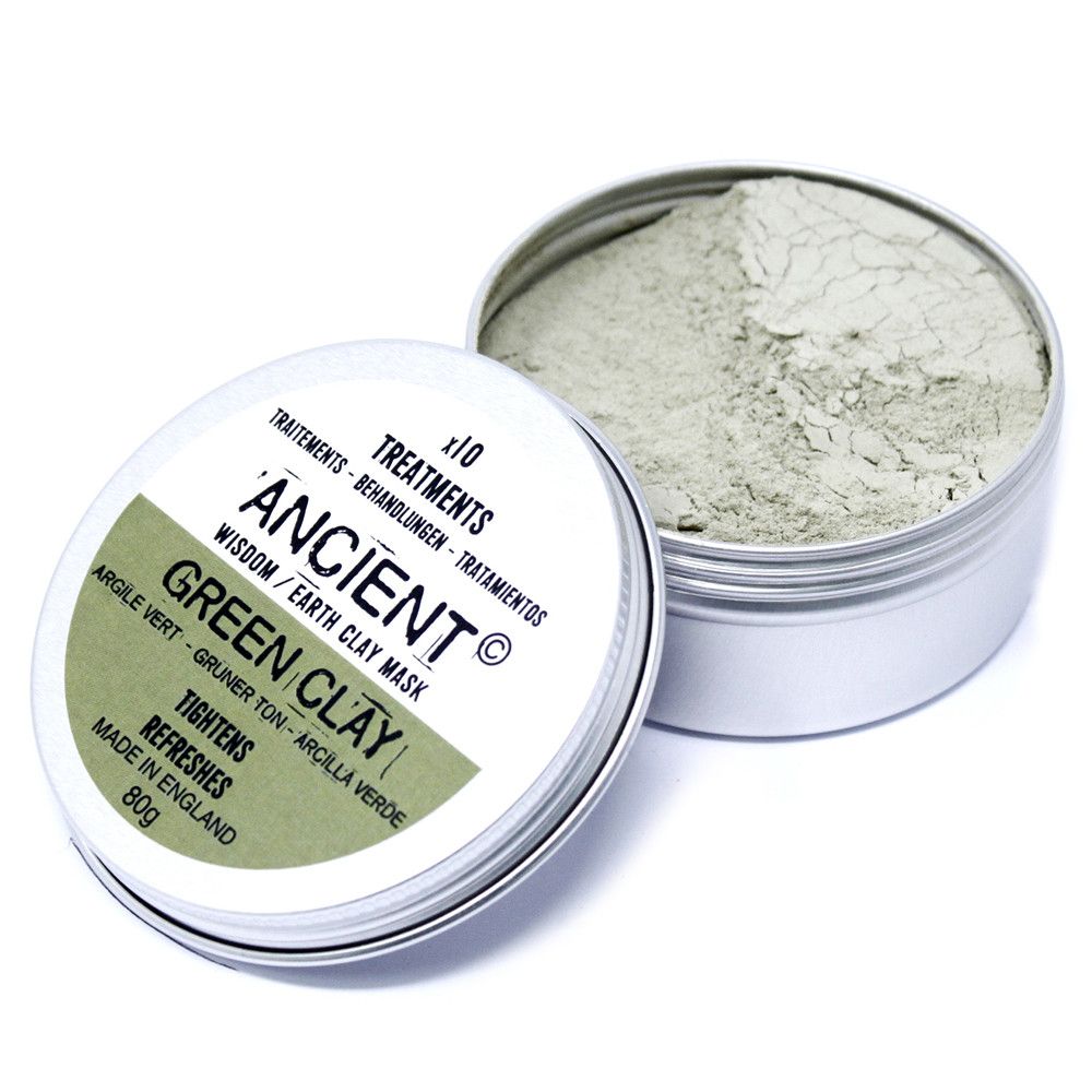 Ancient Wisdom Green Clay Face Mask 80g - Illite clay detoxifying skincare in a metal tin.