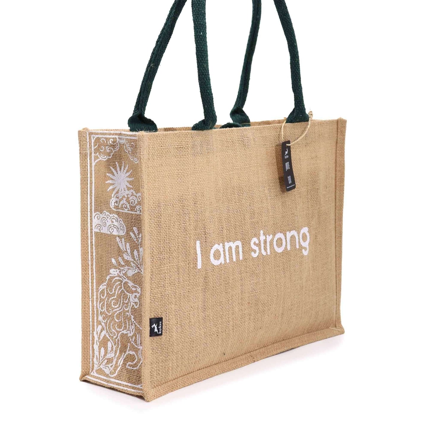 Hop Hare Jute Big Bag – I am Strong, natural jute tote with white print, green handles and decorative left panel.
