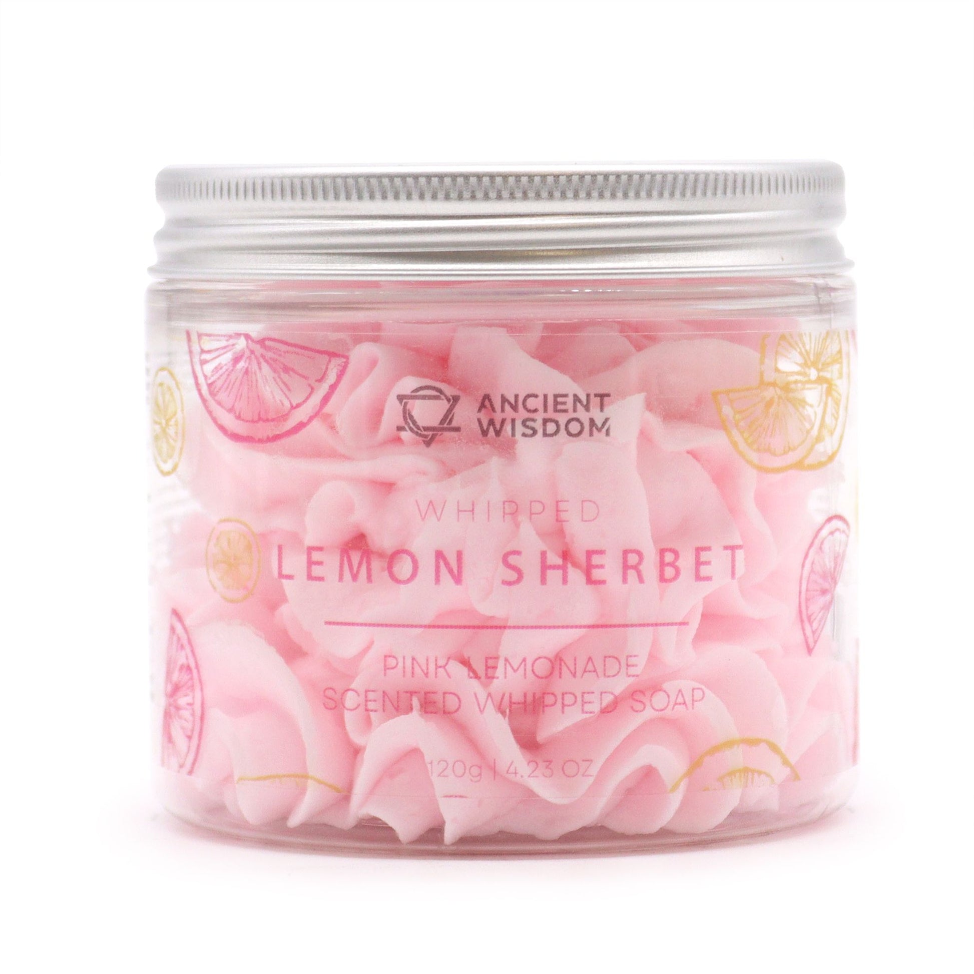 Pink Lemonade Whipped Soap 120g in clear jar with pink lemon sherbet swirls; vegan, cruelty-free, SLS-free