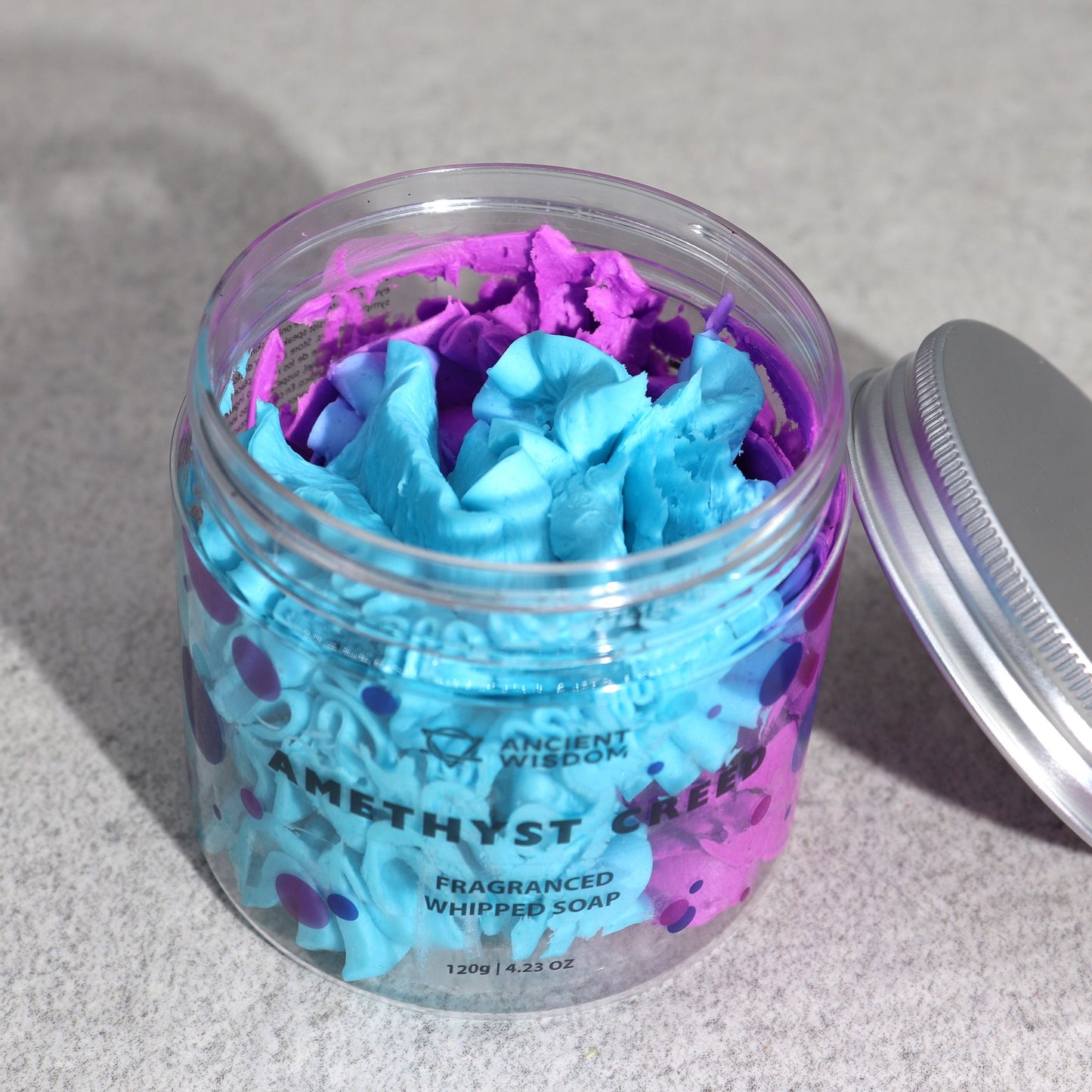 Amethyst Creed Whipped Cream Soap 120g in a clear jar with blue and purple whipped soap swirls.