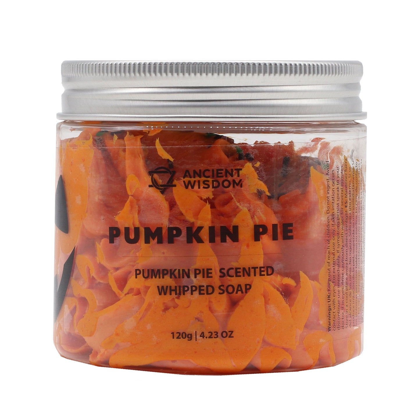 Pumpkin Pie Whipped Soap 120g in a clear jar with orange shreds and a silver lid.