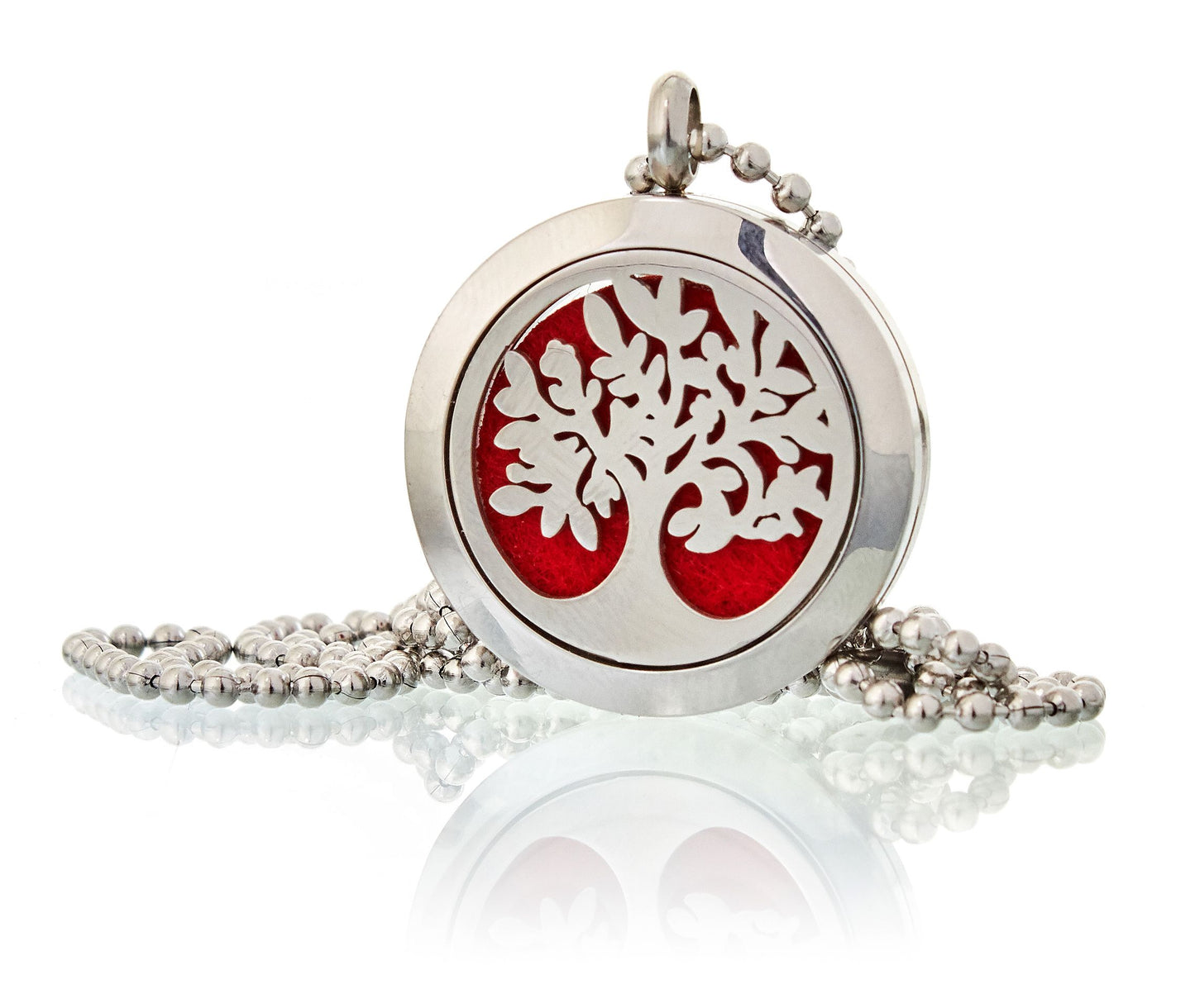 Tree of Life Necklace Gift Set: silver tree diffuser pendant with red felt pad and ball chain, aromatherapy jewellery