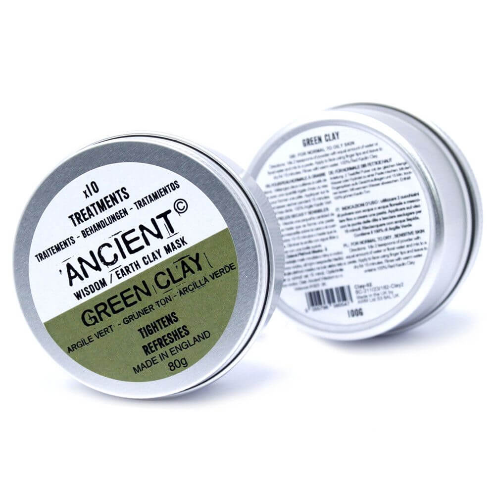 Ancient Wisdom Green Clay Face Mask 80g in metal tins, detoxifying earth clay mask.