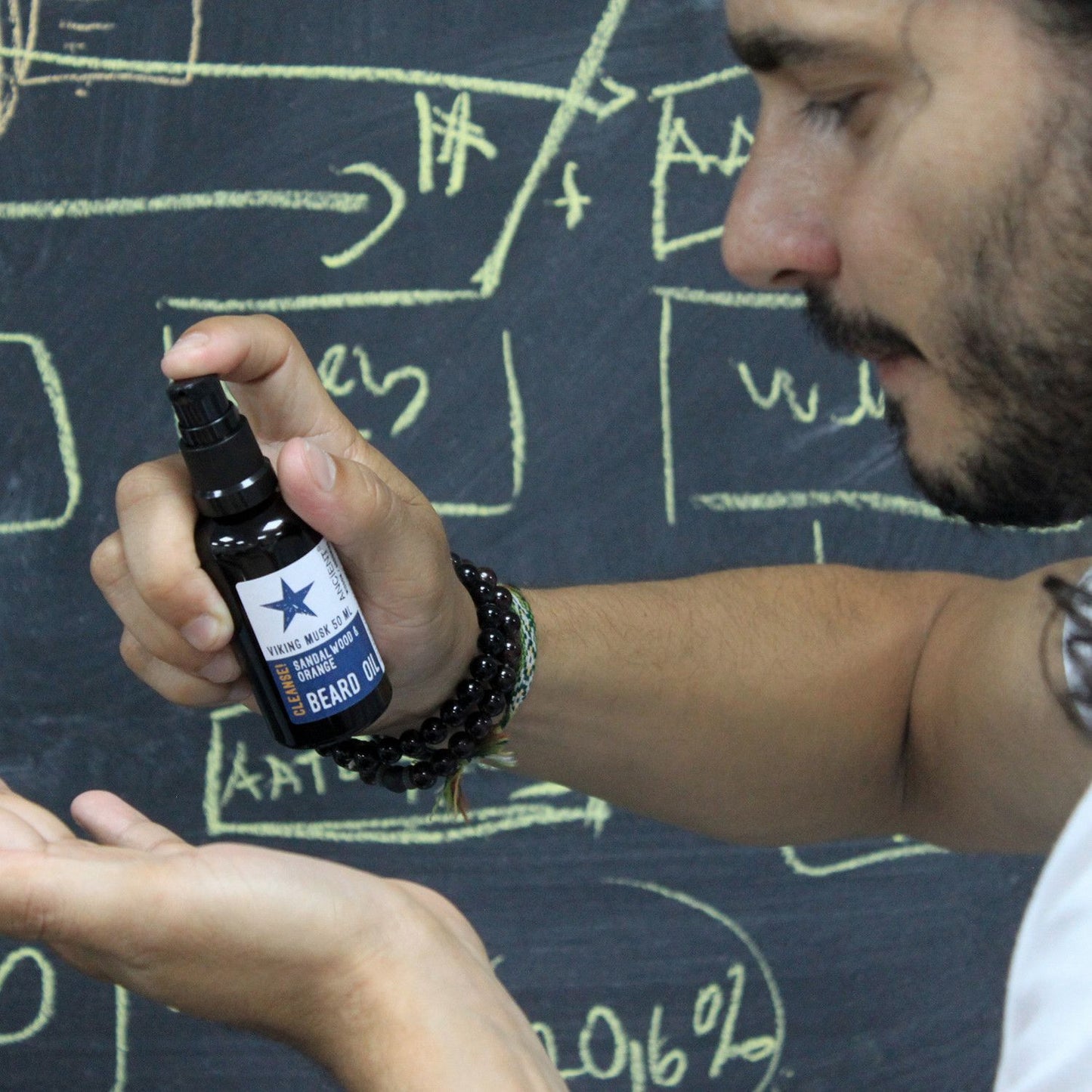 50ml Nordic Spruce Beard Oil bottle held by a man with beaded bracelets against a chalkboard backdrop.