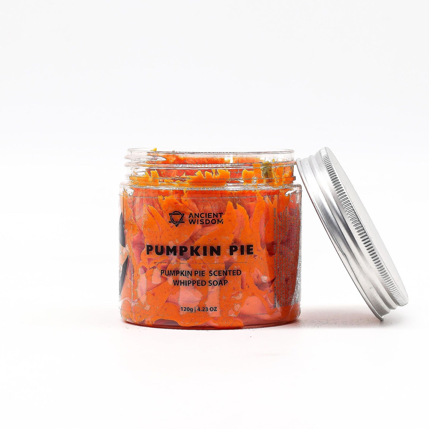 Pumpkin Pie scented whipped soap, 120g, in a clear jar with orange swirls and the Ancient Wisdom label.