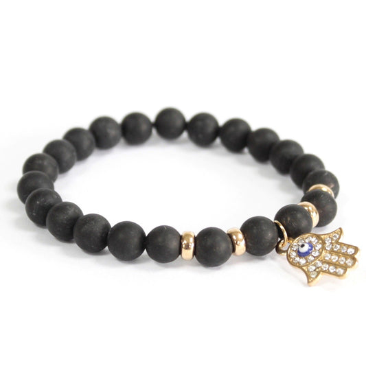 Hamsa / Black Agate - Gemstone Bracelet – matte black beads with gold Hamsa charm, protective & grounding.