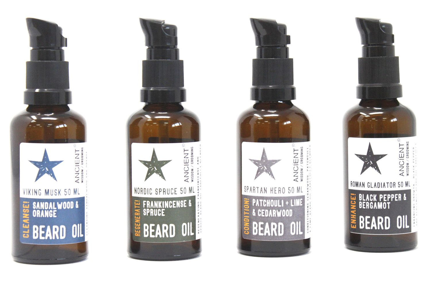 Four amber beard oil bottles, including Nordic Spruce 50 ml with frankincense and spruce scent.