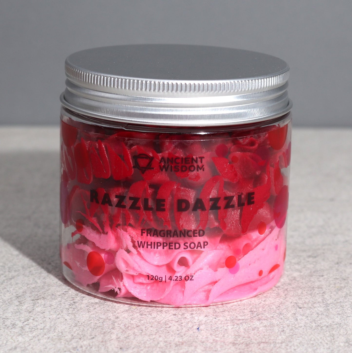 Razzle Dazzle Whipped Cream Soap 120g in clear jar, pink whipped soap with raspberry confetti.