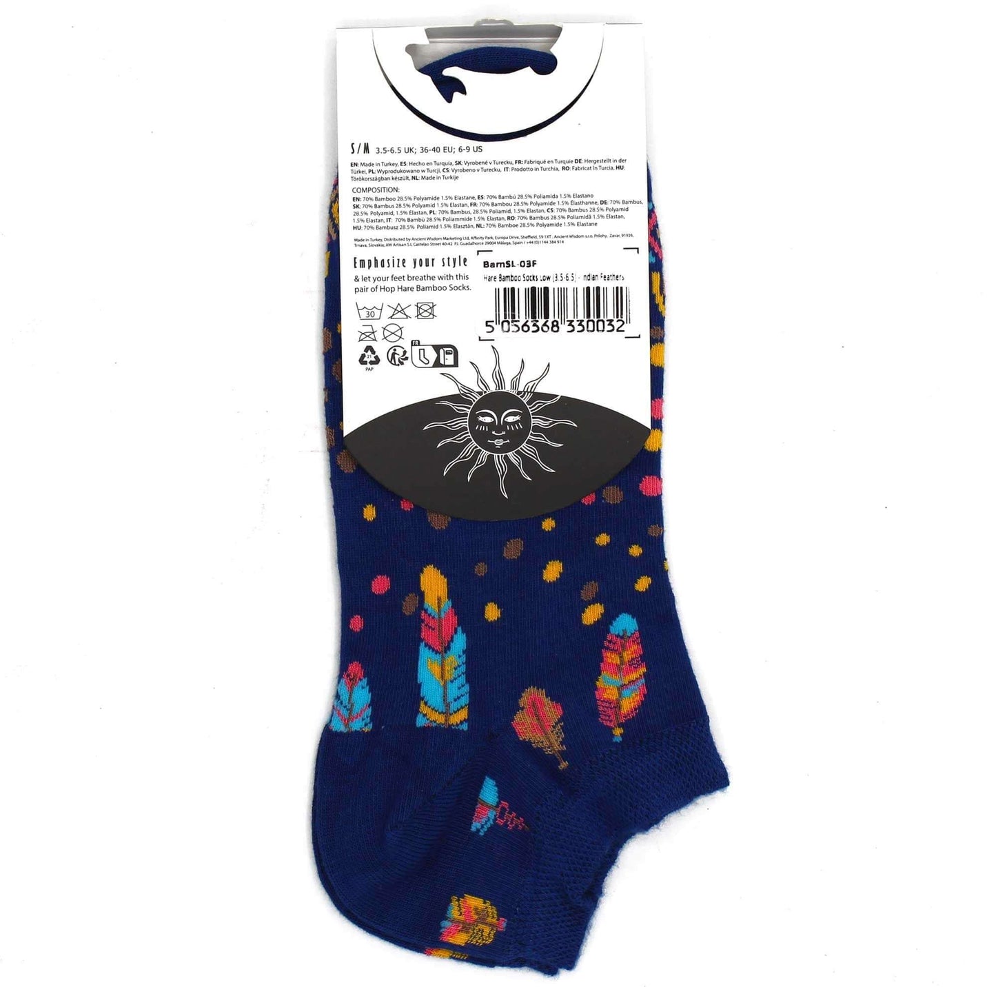 S/M Hop Hare Bamboo Socks Low (3.5-6.5) - Indian Feathers showing colorful feather design on a blue background.