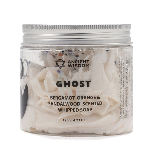 Ghost Whipped Soap 120g in a clear jar with a silver lid; bergamot, orange and sandalwood scented.