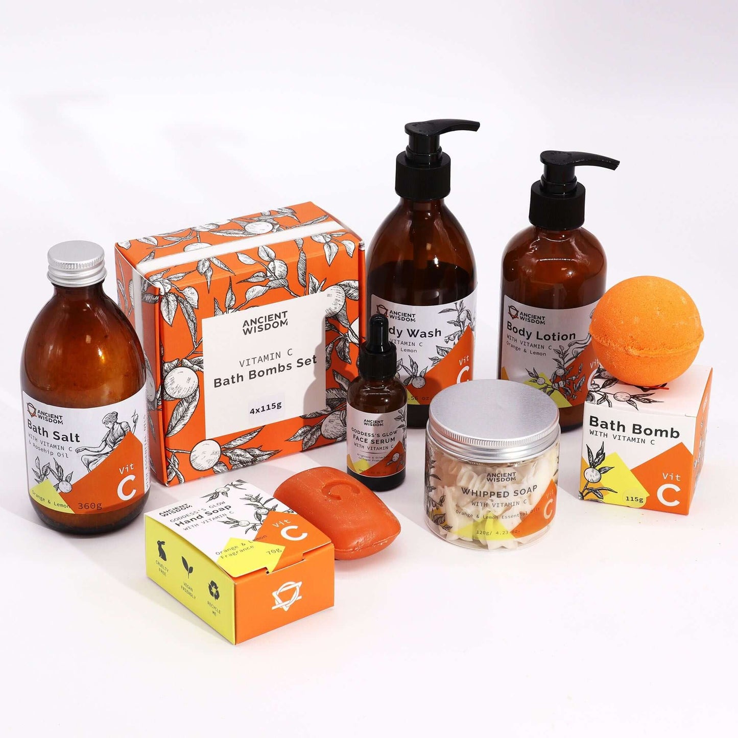 Aromatherapy Whipped Soap with Vitamin C by Ancient Wisdom, among orange-packaged bath products in the set.