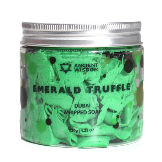Ancient Wisdom Dubai Whipped Cream Soap - Emerald Truffle, 120g, vibrant green whipped cream in a clear jar