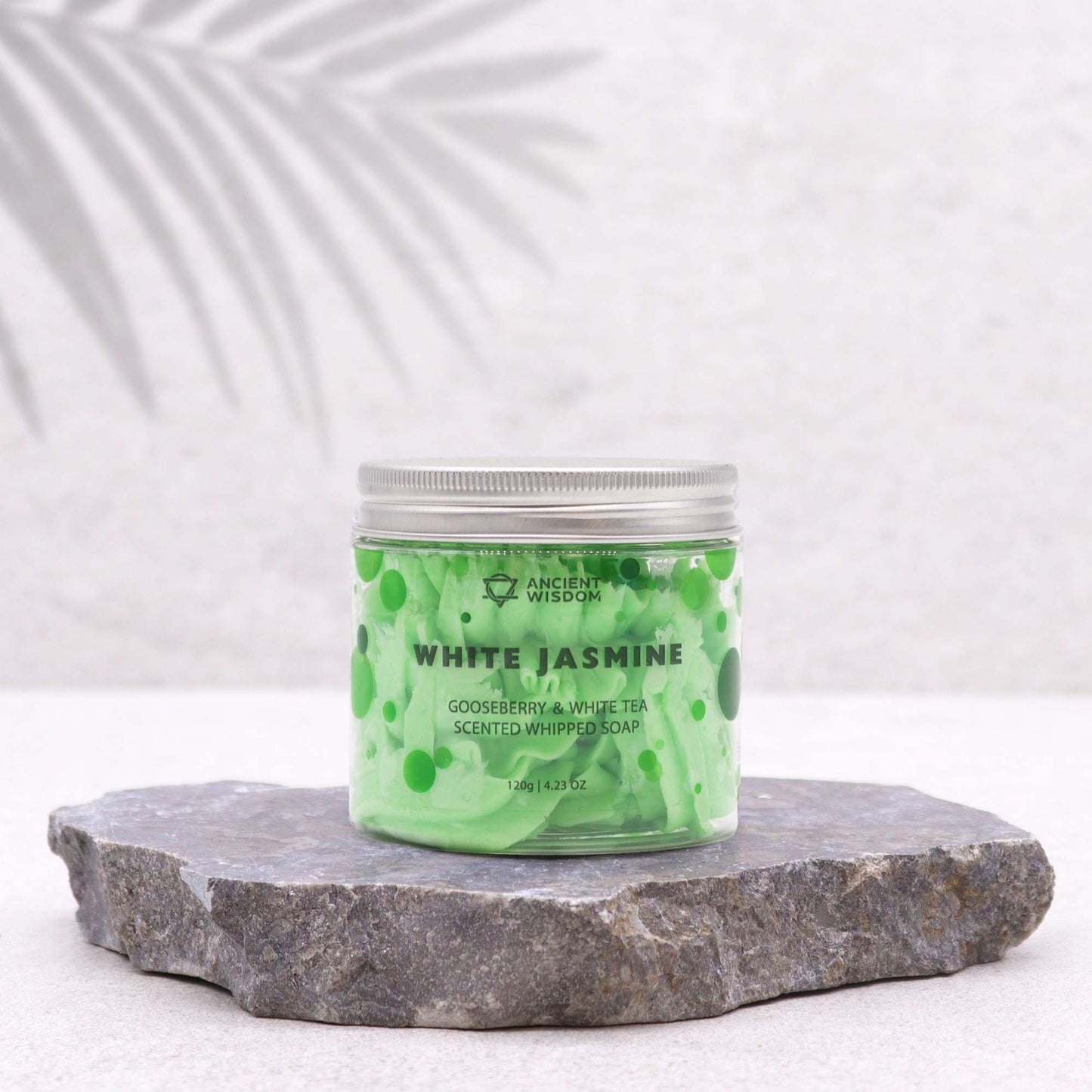 Gooseberry & White Tea Whipped Soap 120g with White Jasmine fragrance in a green jar.