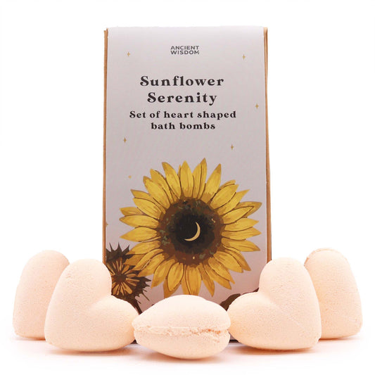Ancient Wisdom Sunflower Serenity Bath Heart Gift Set: five peach heart bath bombs, sunflower packaging