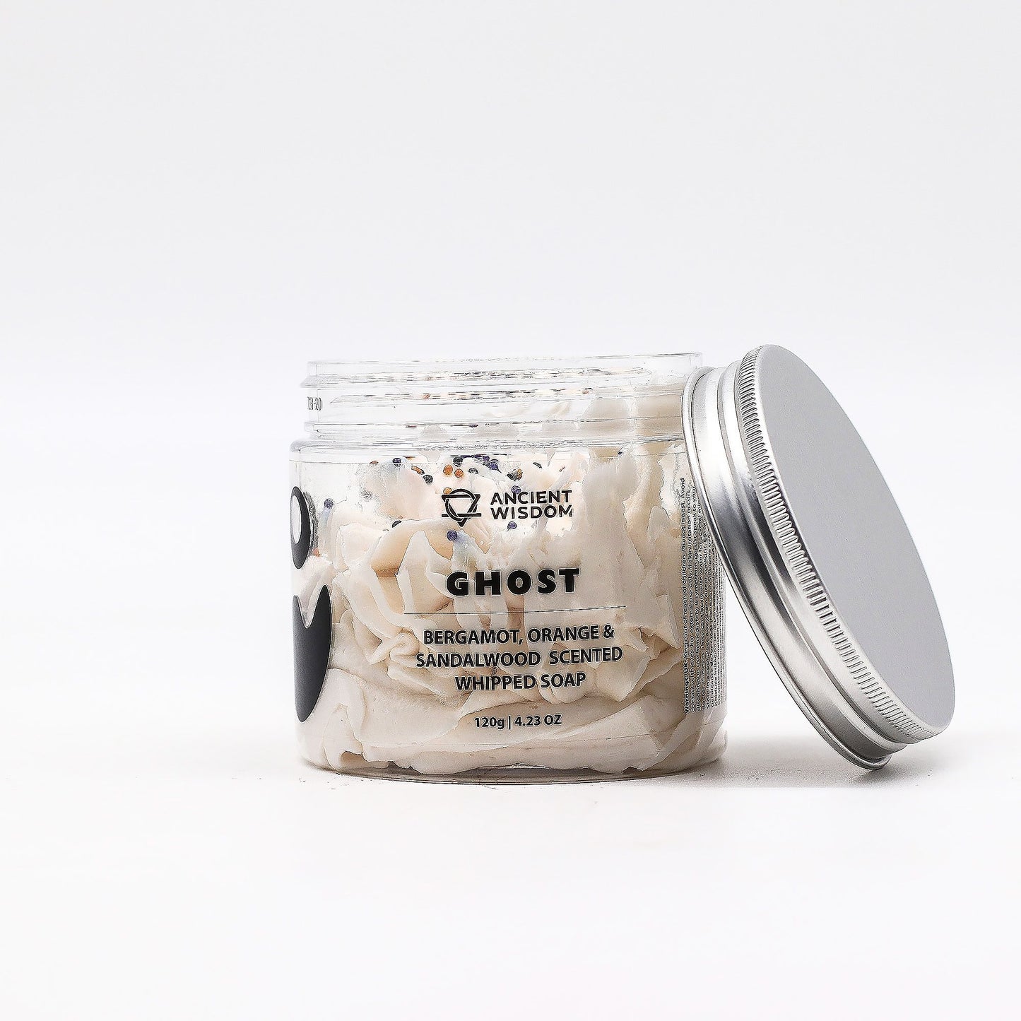 Ghost Whipped Soap 120g in clear jar with shredded soap and silver lid, bergamot, orange & sandalwood scent