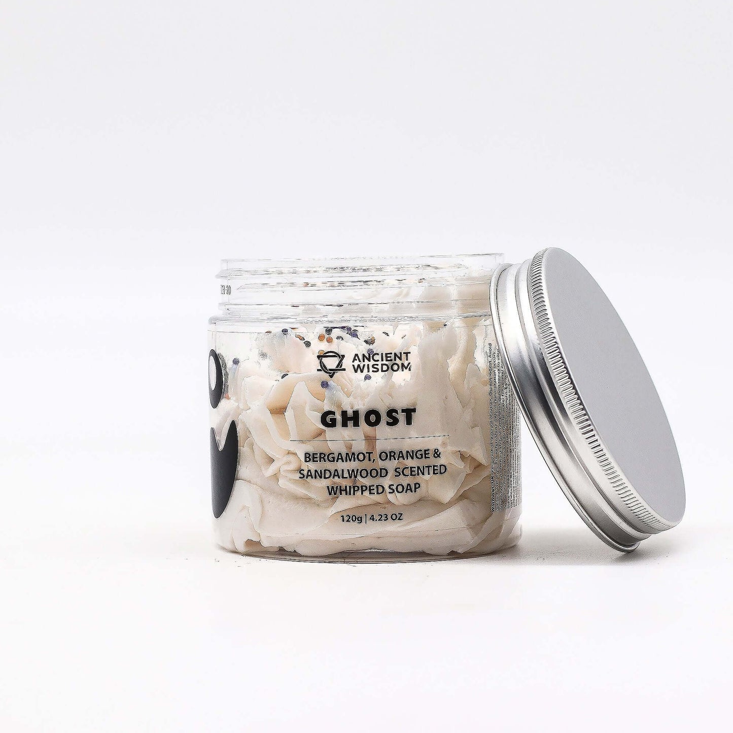 Ghost Whipped Soap 120g in clear jar with shredded soap and silver lid, bergamot, orange & sandalwood scent