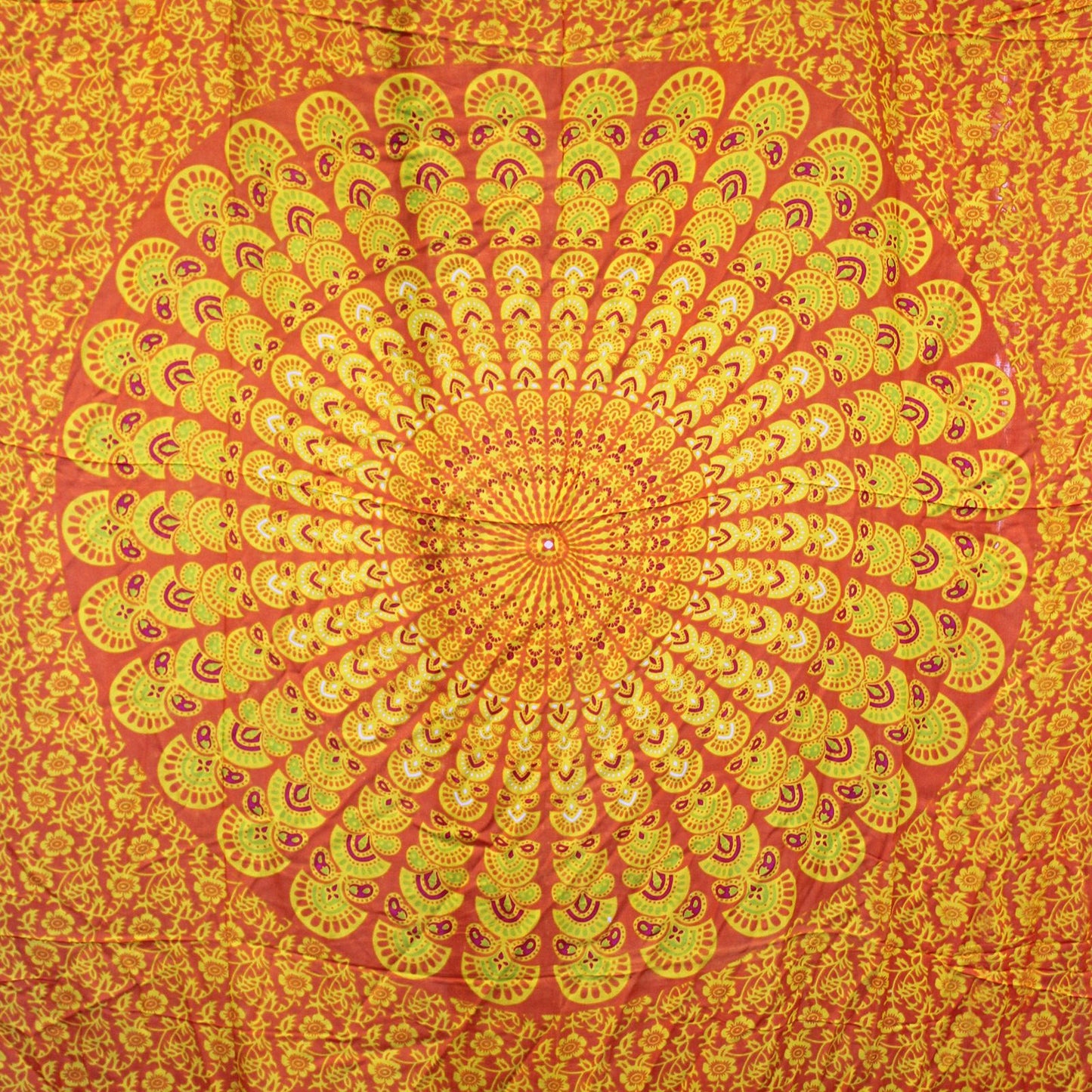 Vibrant Lime Orange Mandala Sarongs showcasing a stunning peacock feather design in sunset colours, perfect for any occasion.