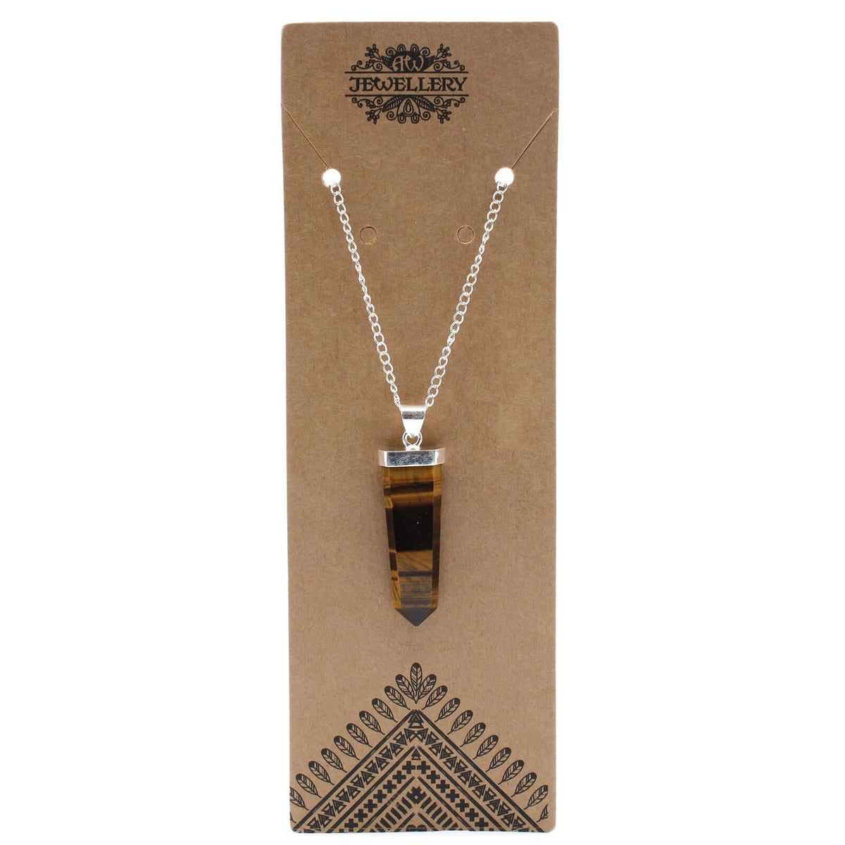 Tiger Eye Gemstone Flat Pencil Pendant Necklace Silver Plated displayed on a card.