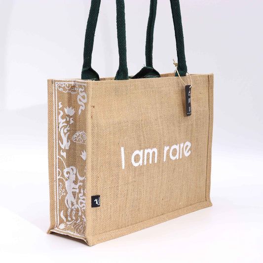 Hop Hare Jute Big Bag - I am Rare, natural jute tote with white I am rare text, devil tarot side print and dark green handles