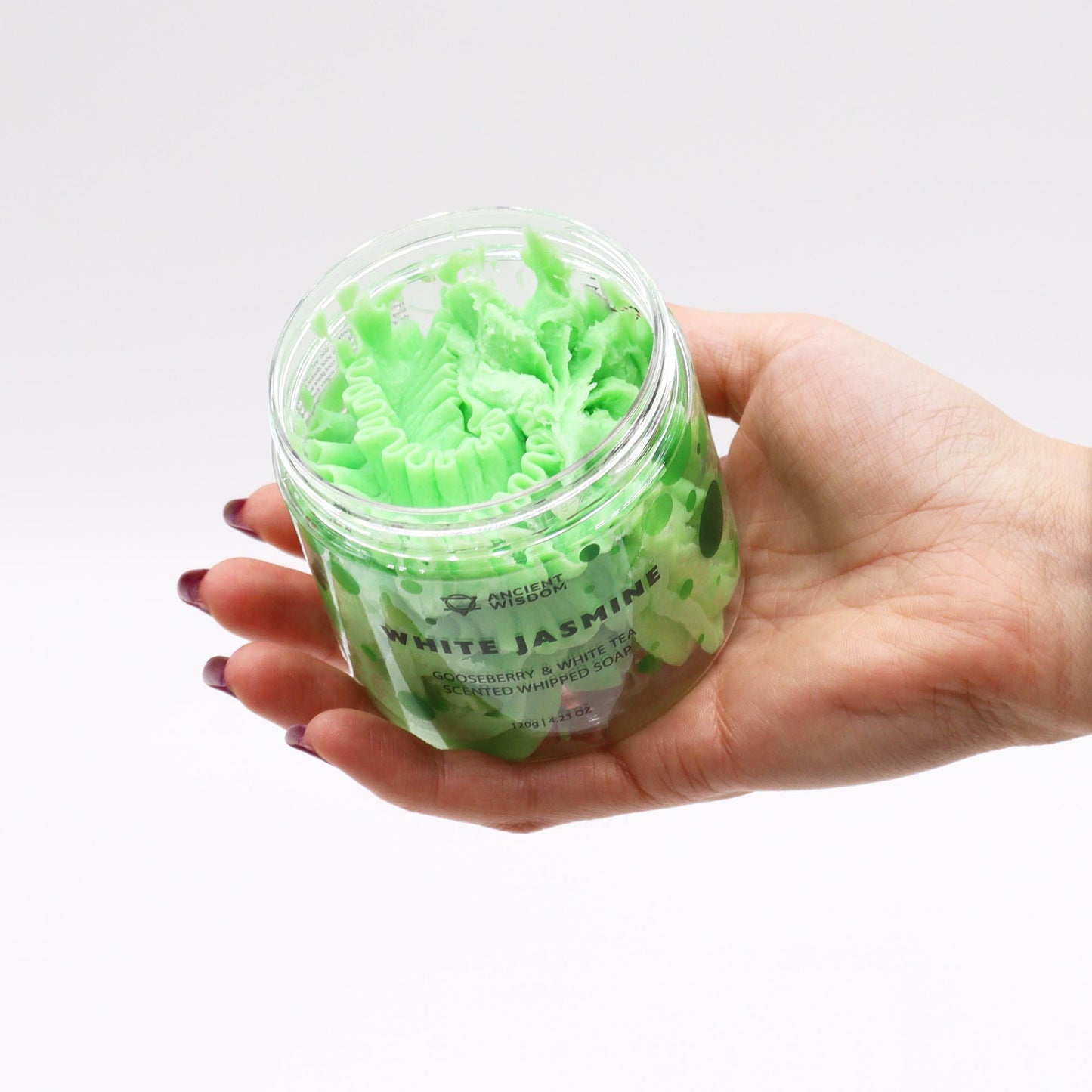 Gooseberry & White Tea Whipped Soap 120g in clear jar; vivid green whipped soap with White Jasmine scent.