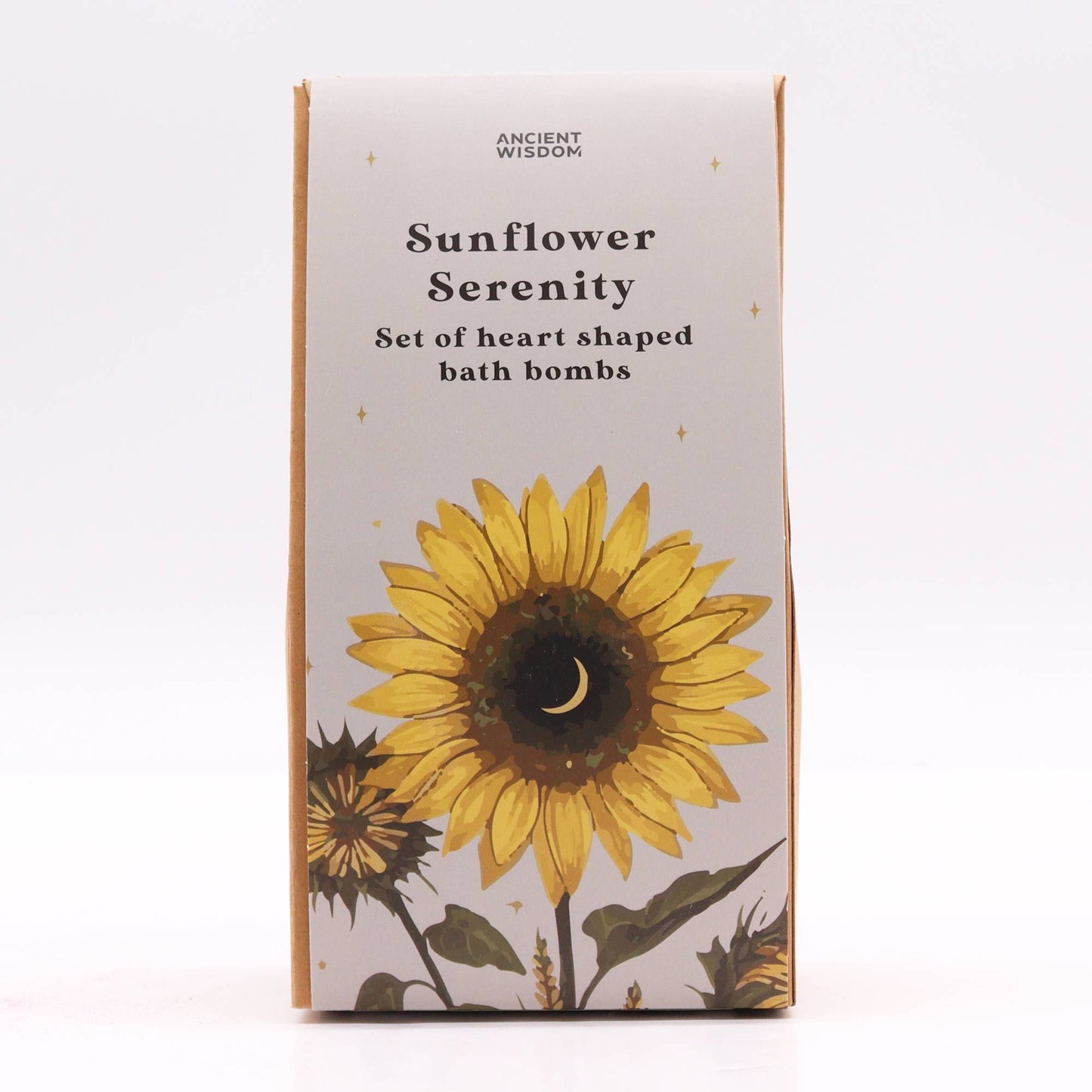 Ancient Wisdom Sunflower Serenity Bath Heart Gift Set: boxed sunflower design, five passionfruit-scented heart bath bombs
