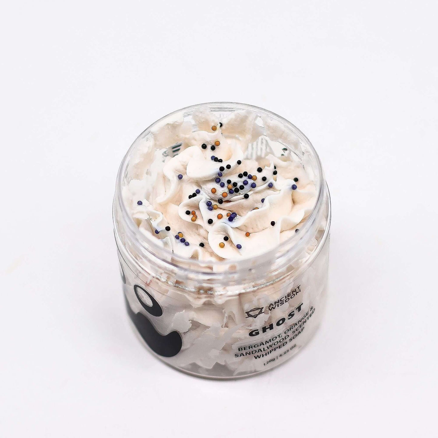 Ghost Whipped Soap 120g: whipped cream soap in a jar with white swirls and coloured sprinkles