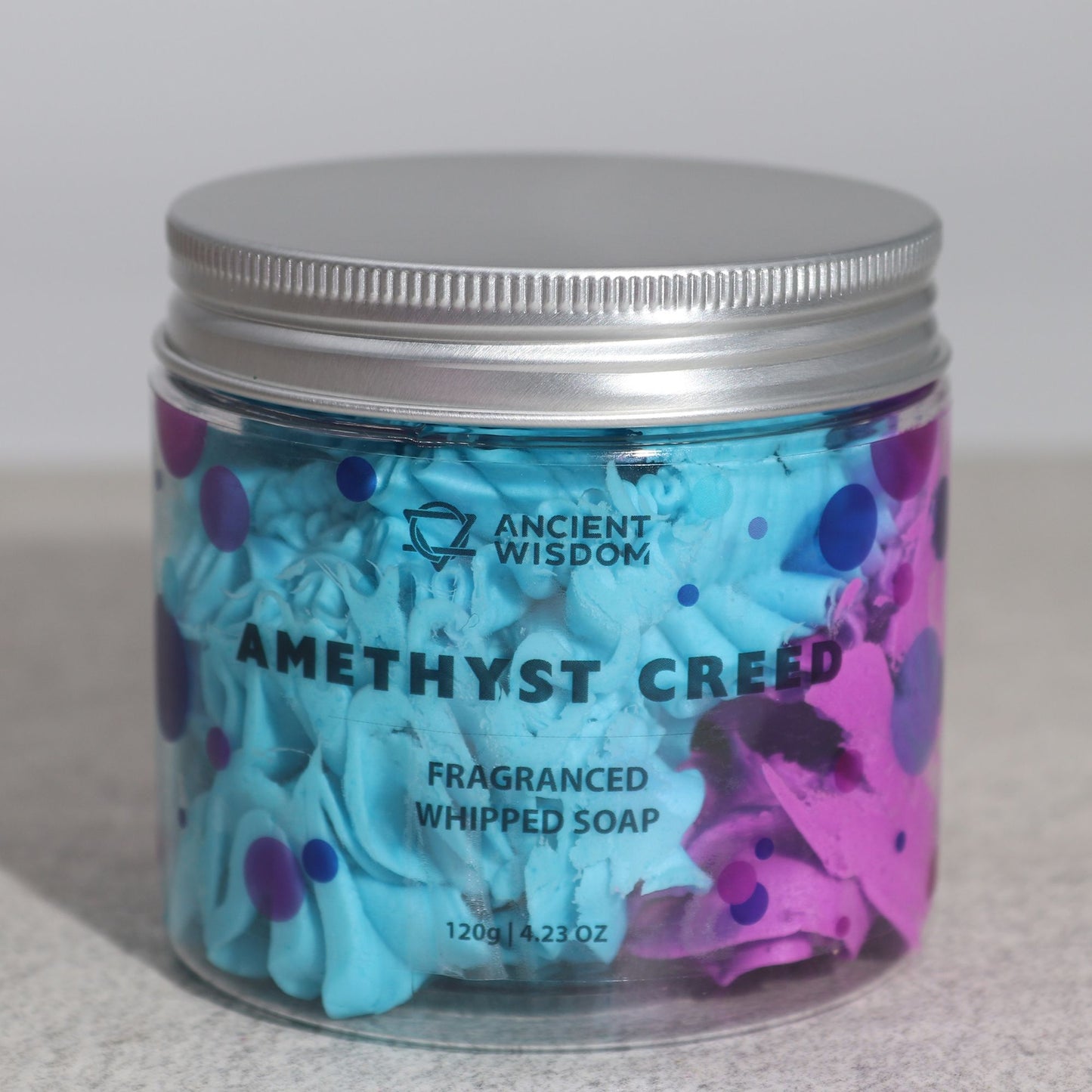 Amethyst Creed Whipped Cream Soap 120g in a clear jar with blue and purple swirls.
