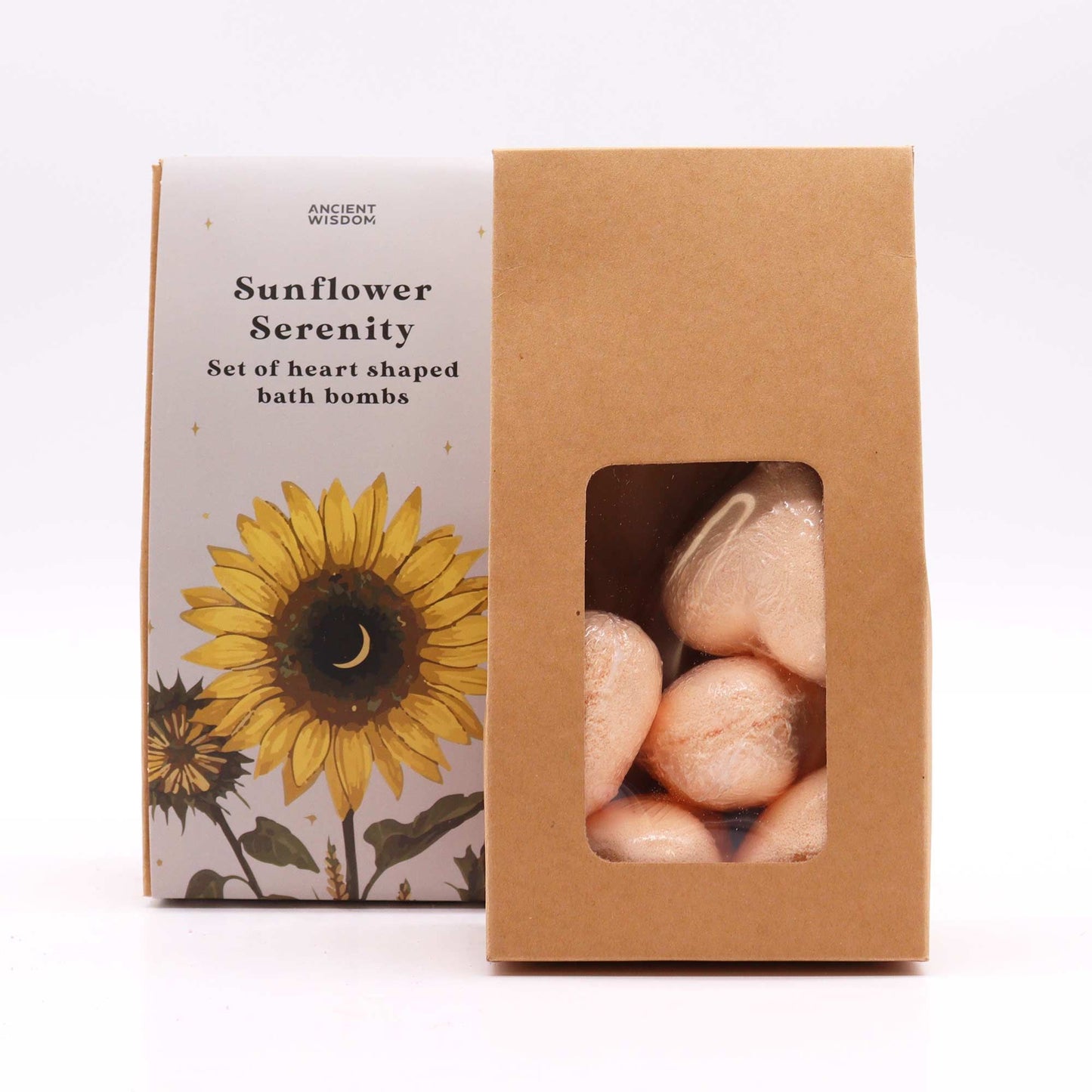 Sunflower Serenity Bath Heart Gift Set by Ancient Wisdom: sunflower boxed kraft window showing five peach heart bath bombs