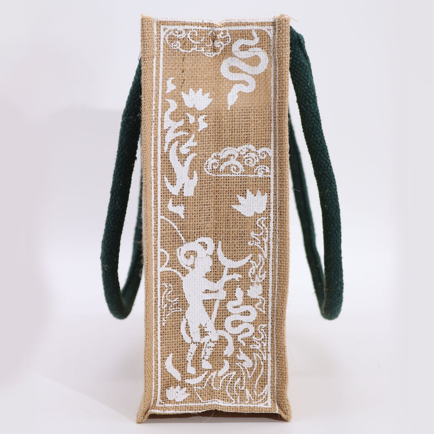 Hop Hare Jute Big Bag - I am Rare devil tarot jute tote with white print and green handles by Hop Hare