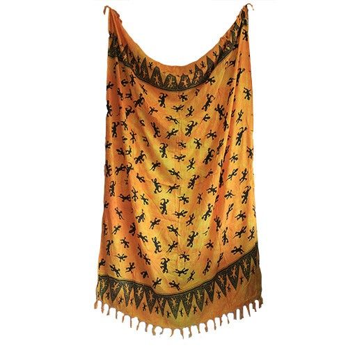 Bali Gecko Sarongs - Yellow features a vibrant gecko pattern on a golden base, perfect for stylish summer wear.