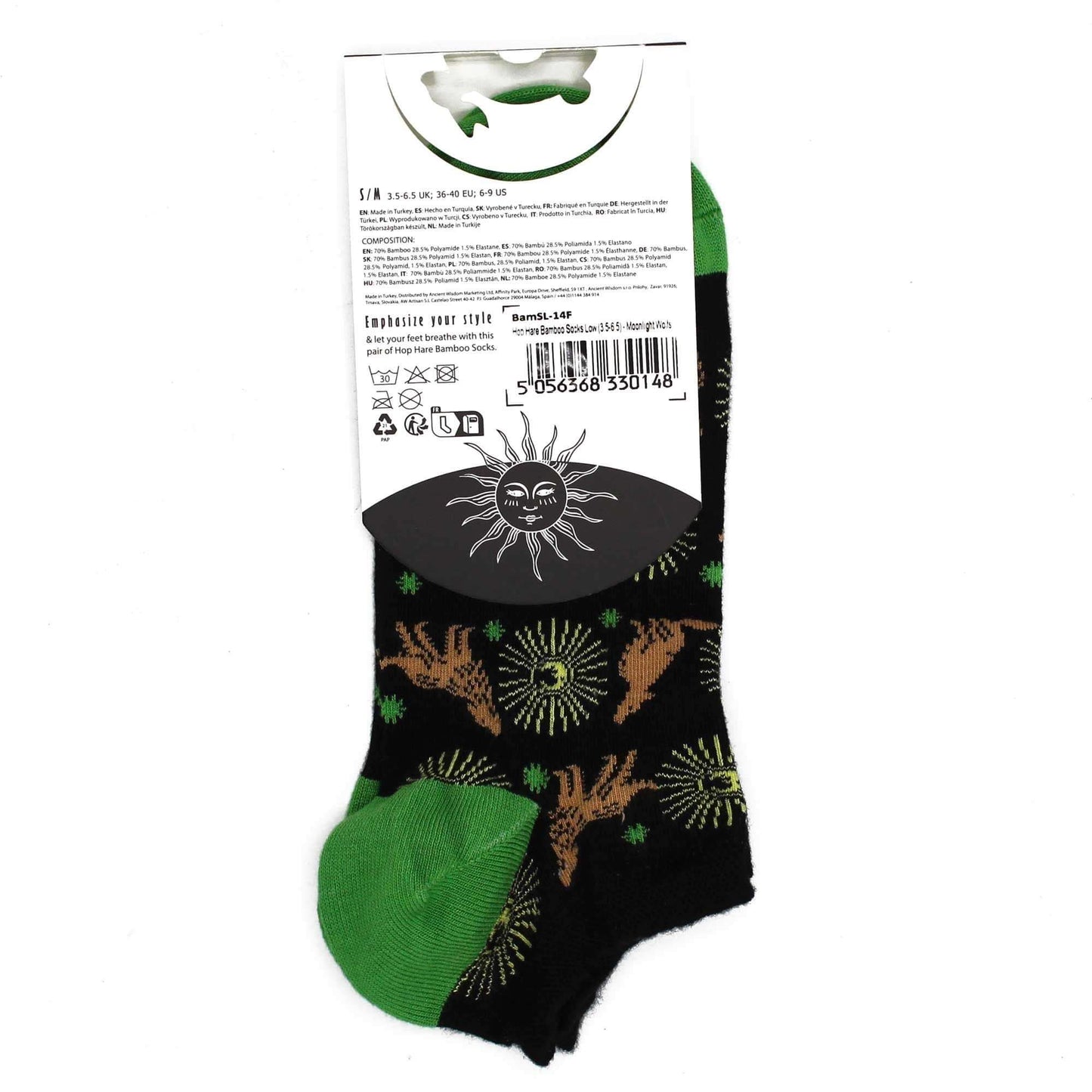 M/L Hop Hare Bamboo Socks Low (7.5-11.5) - Moonlight Wolfs, featuring vibrant patterns and green accents.