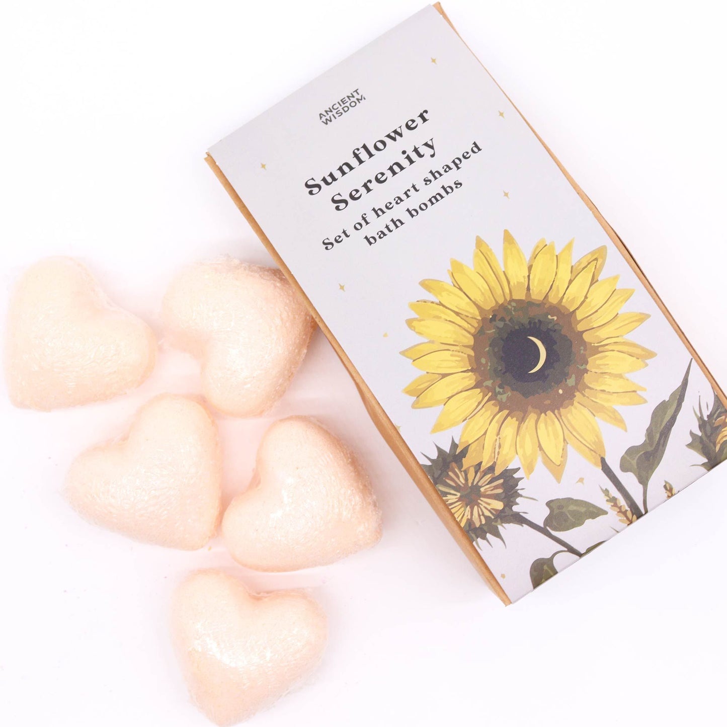 Sunflower Serenity Bath Heart Gift Set Ancient Wisdom, sunflower box and 5 peach passion fruit heart bath bombs