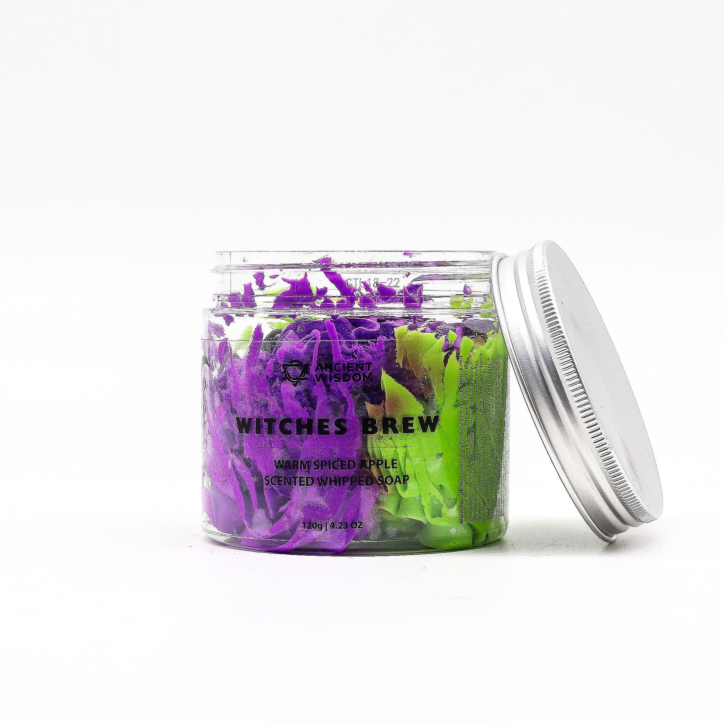 Witches Brew Whipped Soap 120g in a jar with purple and green swirls, warm spiced apple scented.