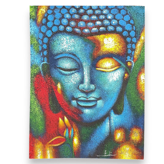 Buddha Painting - Blue: blue Buddha head with gold highlights on a vibrant backdrop, 75x55cm, BrightZen Co.