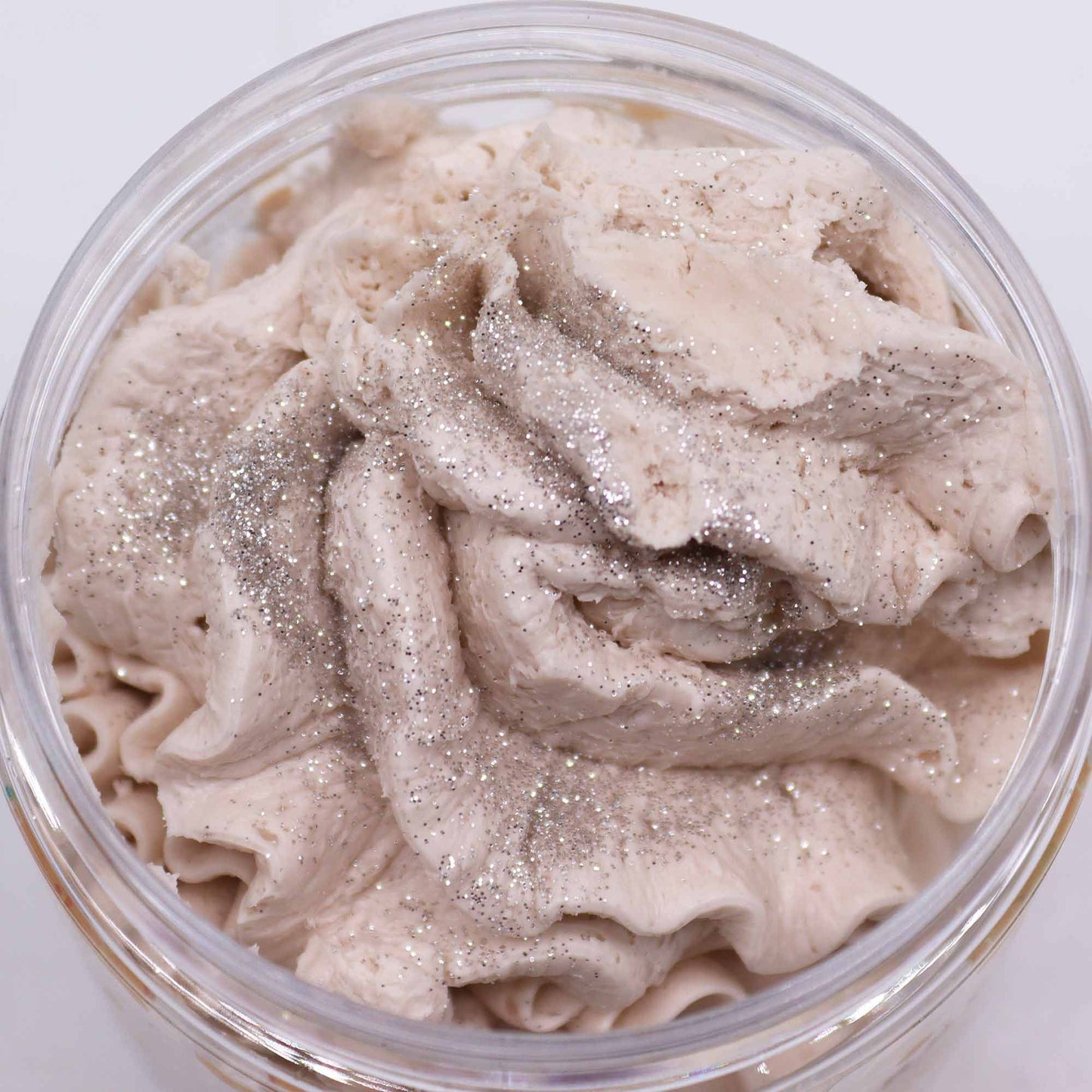 Warm Gingerbread Whipped Soap, 120g: creamy beige whipped soap with glitter in a jar.