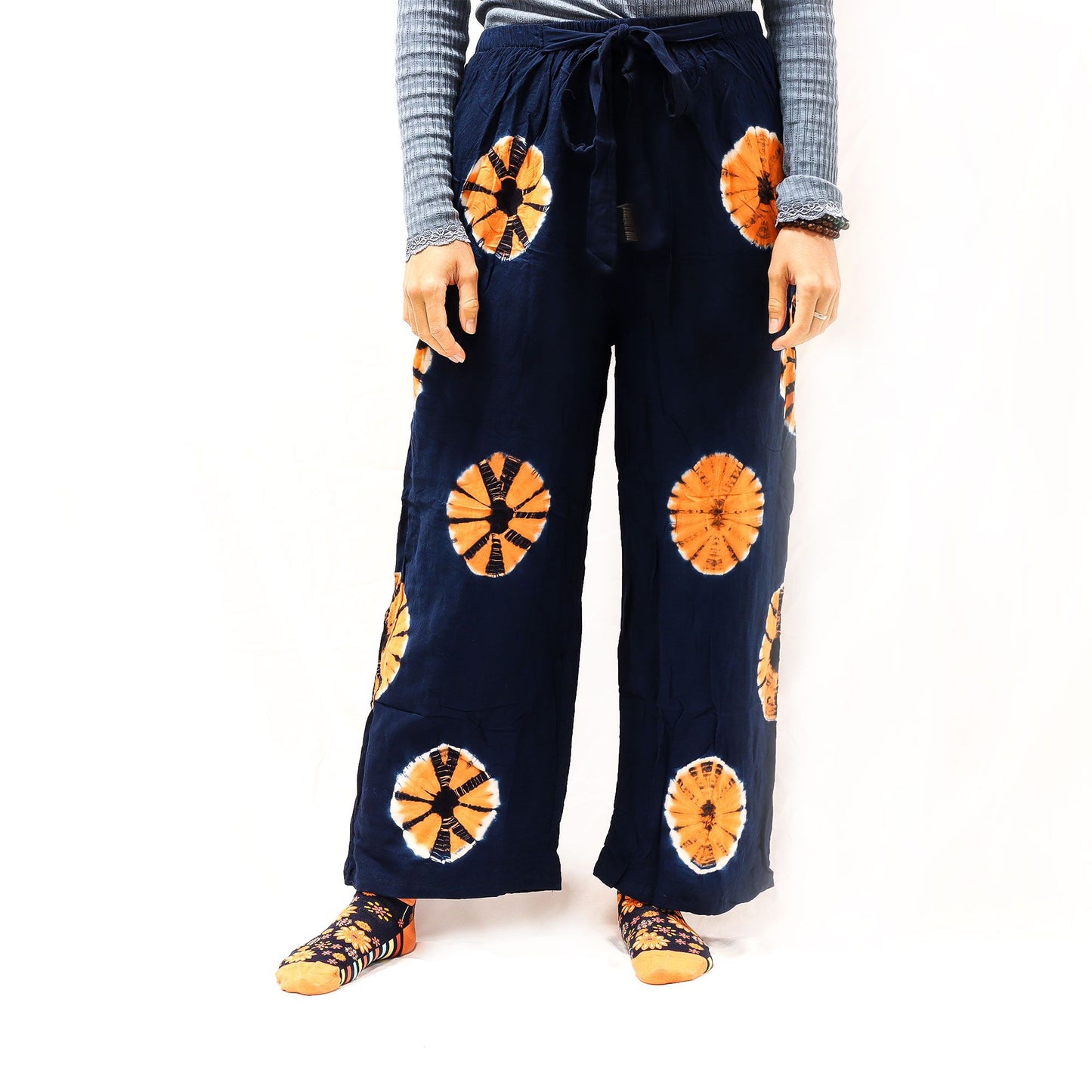Japanese Style Lounge Pants in blue and orange, size Medium, wide-leg with circular tie-dye patterns.