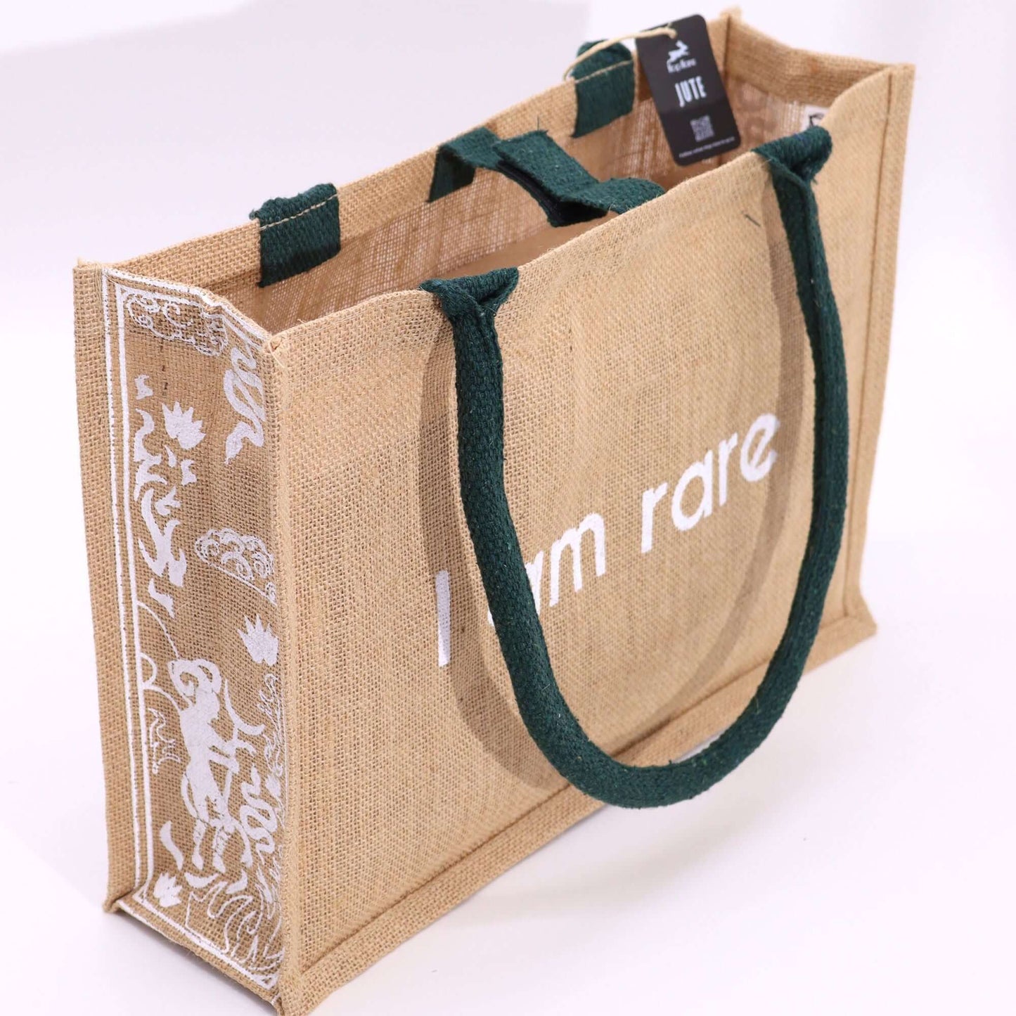 Hop Hare Jute Big Bag - I am Rare tote with green handles, white 'I am rare' text and ornate white tarot side print