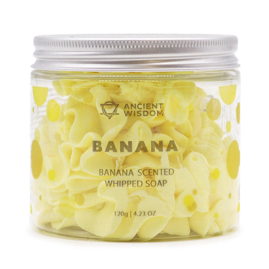 Banana whipped soap 120g, scented, in clear jar with yellow swirls.