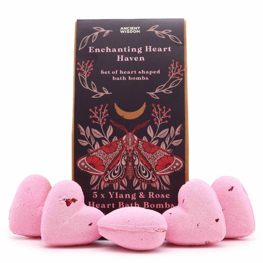 Enchanting Heart Heaven Bath Heart Gift Set by Ancient Wisdom: boxed Ylang & Rose heart-shaped bath bombs 5 pink hearts