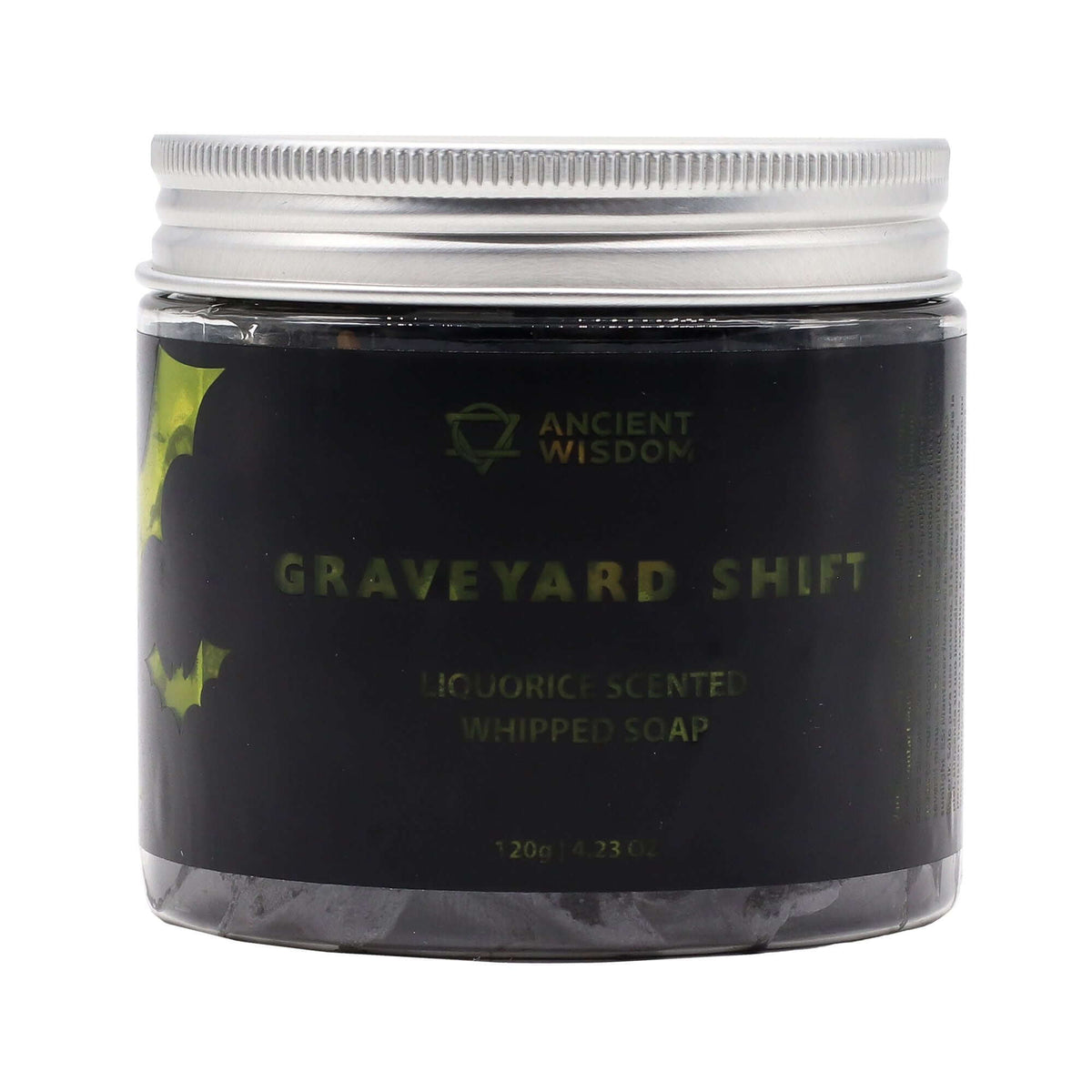 Graveyard Shift liquorice-scented whipped soap in 120g jar with silver lid, Ancient Wisdom label.