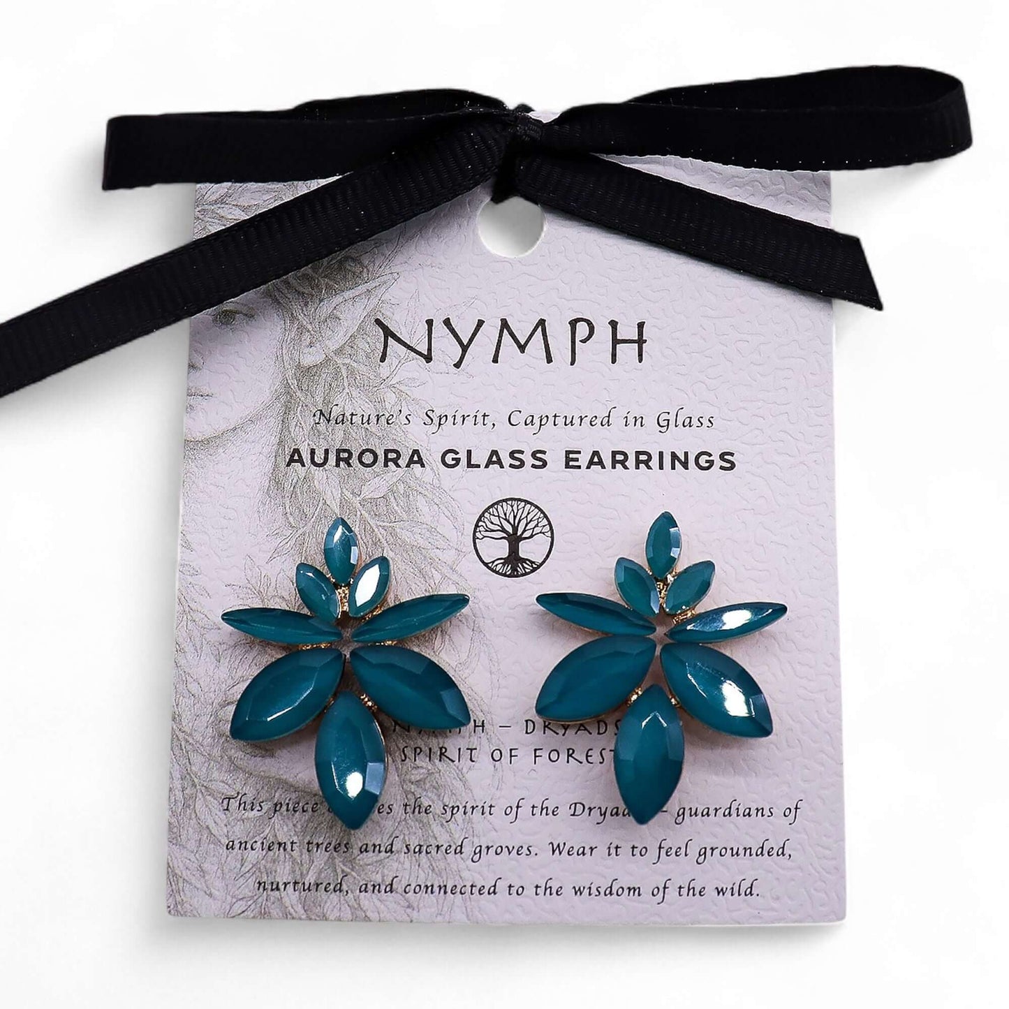 Teal green vintage glass flower earrings on a card with a black ribbon, stainless steel findings, 7.5 × 6 cm.