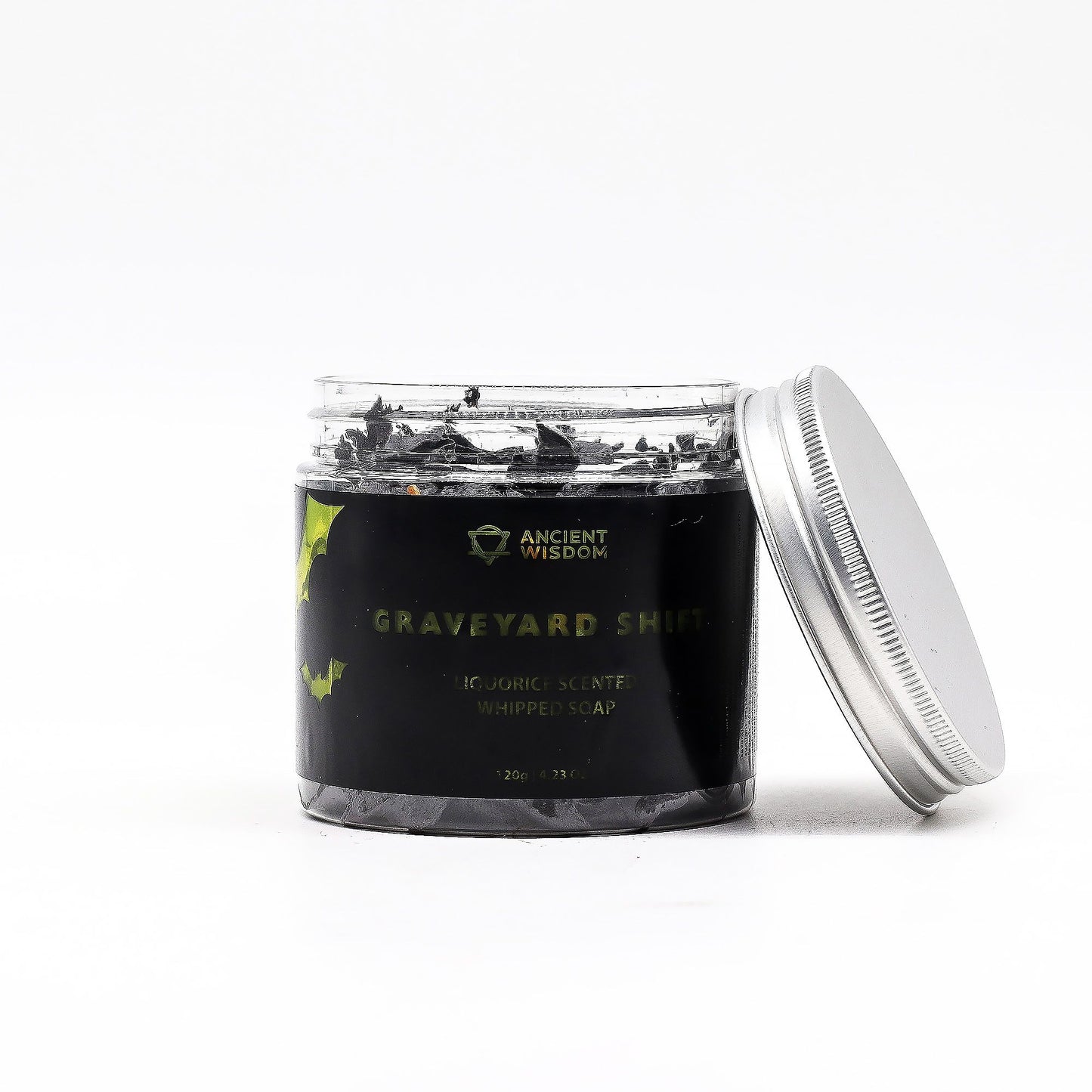 Graveyard Shift whipped soap 120g in a black jar with a silver lid.