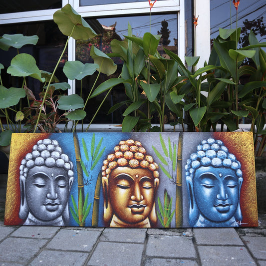 Buddha Painting - Three Heads With Bamboo: three Buddha heads in silver, gold and blue tones with bamboo.