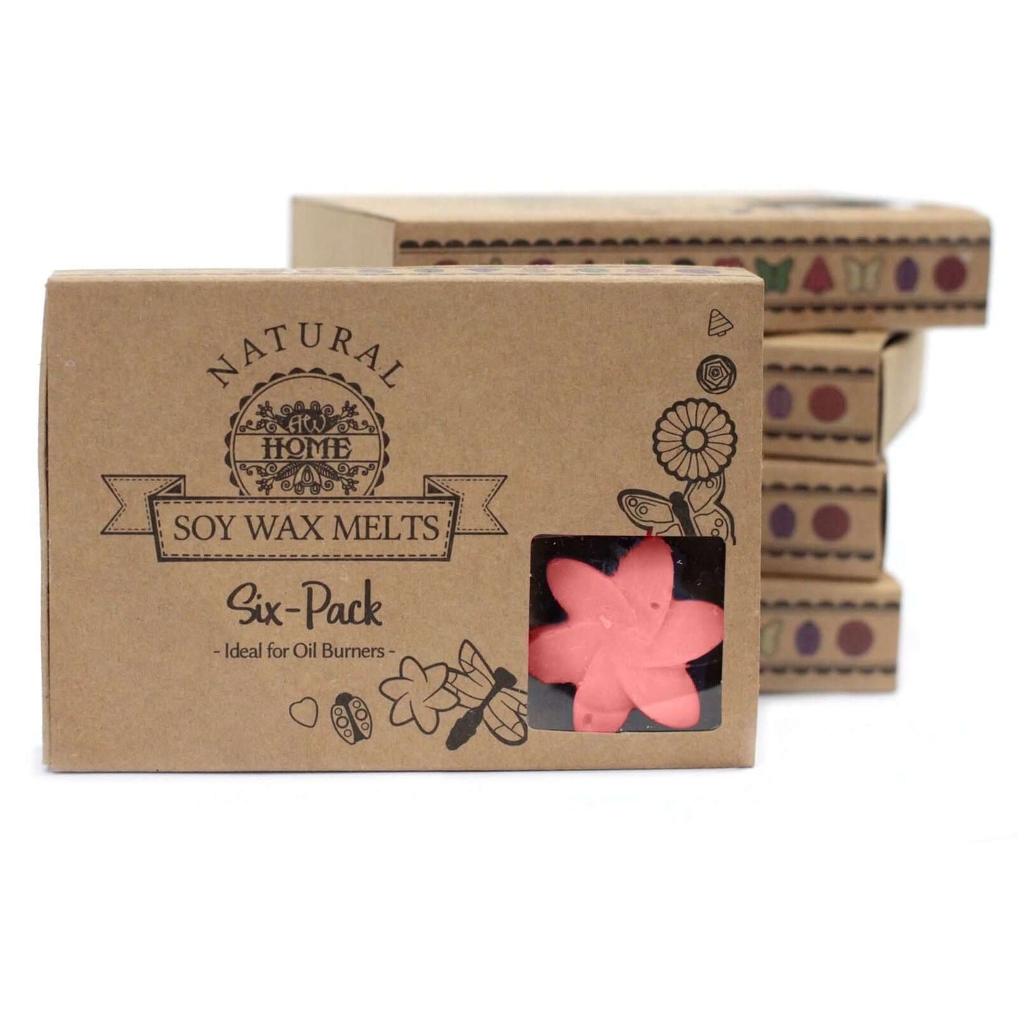 Six-pack Japanese Magnolia soy wax melts in pink magnolia flower shapes visible through the window.